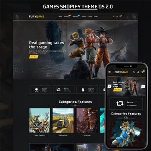 Puede incluir: Diseño de sitio web para un tema de juegos, con el texto "FURYGAME" en la parte superior. La imagen principal presenta tres personajes animados. El diseño del sitio web incluye secciones para soporte, devoluciones y pago, junto con funciones de categoría.