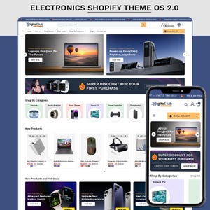 Può includere: Design del sito web per un negozio di elettronica, che mostra prodotti come laptop, smartwatch e smartphone. Il sito presenta un layout pulito con categorie di prodotti e banner promozionali. Un telefono cellulare mostra il design reattivo del sito.