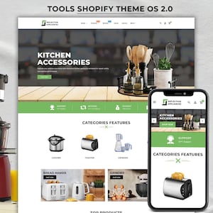 May include: A digital display of the Tools Shopify Theme OS 2.0 for Reflection Appliances, featuring a website layout with a kitchen accessories section, product categories like cookers and toasters, and a mobile view of the same interface.