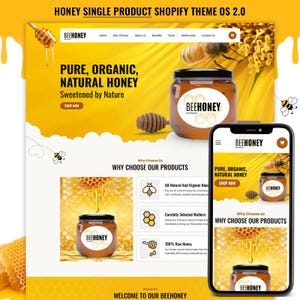 Può includere: Design del sito web per un prodotto a base di miele, con un barattolo di miele con il logo "BEEHONEY". Il design include il testo "PURE, ORGANIC, NATURAL HONEY" e un mockup di telefono cellulare che mostra il sito web.