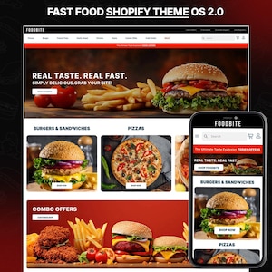 Op de afbeelding: Website-ontwerp voor een fastfoodrestaurant, met burgers, pizza's en combo-aanbiedingen. De site heeft een mobiele weergave, met de tekst "REAL TASTE. REAL FAST." en het merk "FOODBITE". Het thema is OS 2.0.