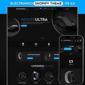 Può includere: Un design di sito web per un negozio di elettronica, con un tema nero e blu. Il design presenta un mouse wireless, uno smartwatch e uno smartphone. Il testo "MOUSEULTRA" è ben visibile, insieme alle parole "ELECTRONICSSTER" e "SHOP NOW".