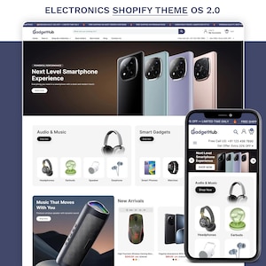 May include: A digital mockup of an e-commerce website titled GadgetHub, displaying a hero section with four smartphones in black, light blue, purple, and gold, alongside sections for audio equipment, smart gadgets, and a mobile view overlay.