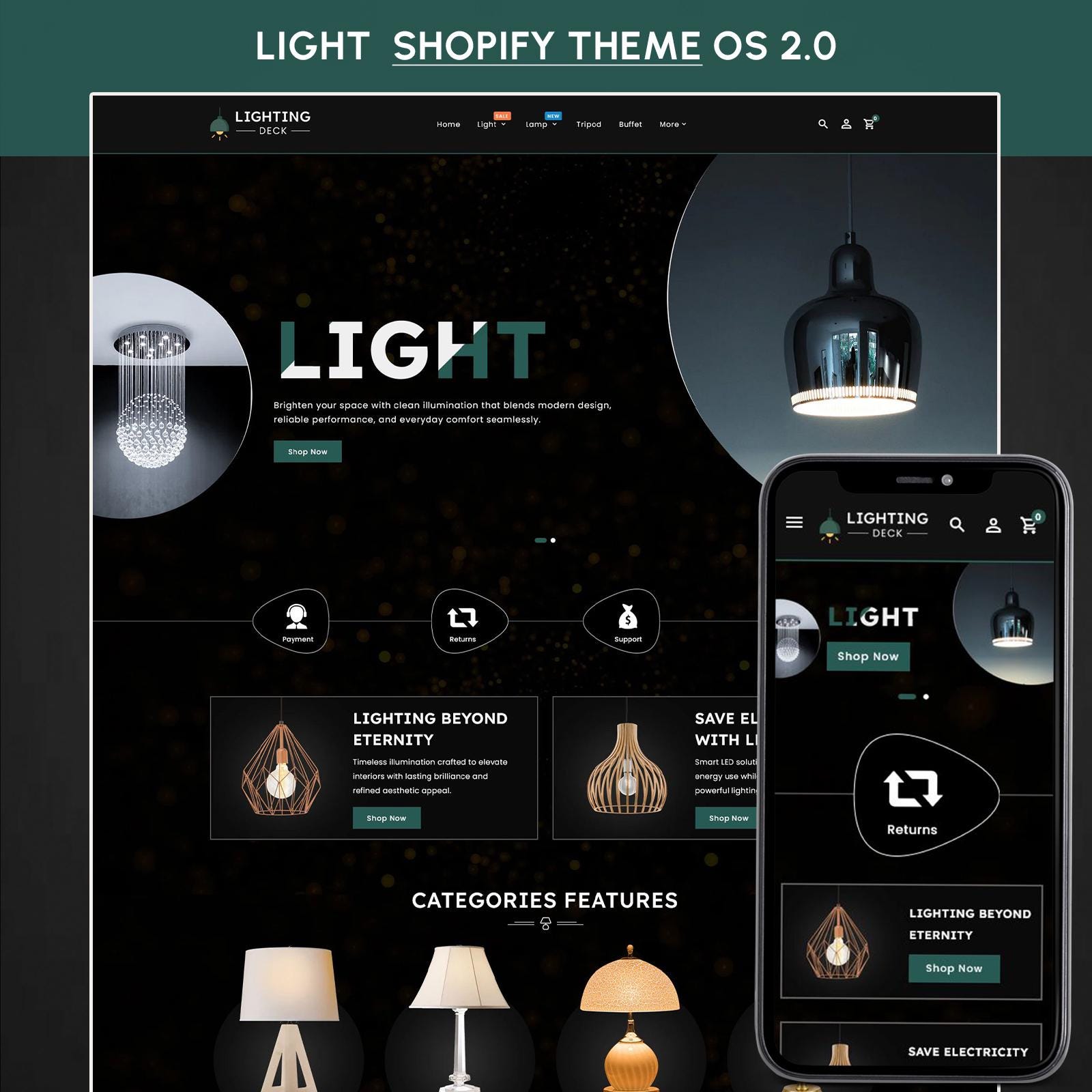 Lighting Shopify Theme Home Decor Store Template Lamp & Lighting Ecommerce Interior Design Shopify Website Responsive Theme