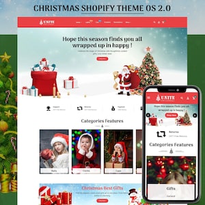 May include: A digital display of a Christmas Shopify theme website on a desktop and mobile screen. The layout features a red header, a hero section with a Santa Claus graphic, a Christmas tree, gift boxes, and a section titled Categories Features.