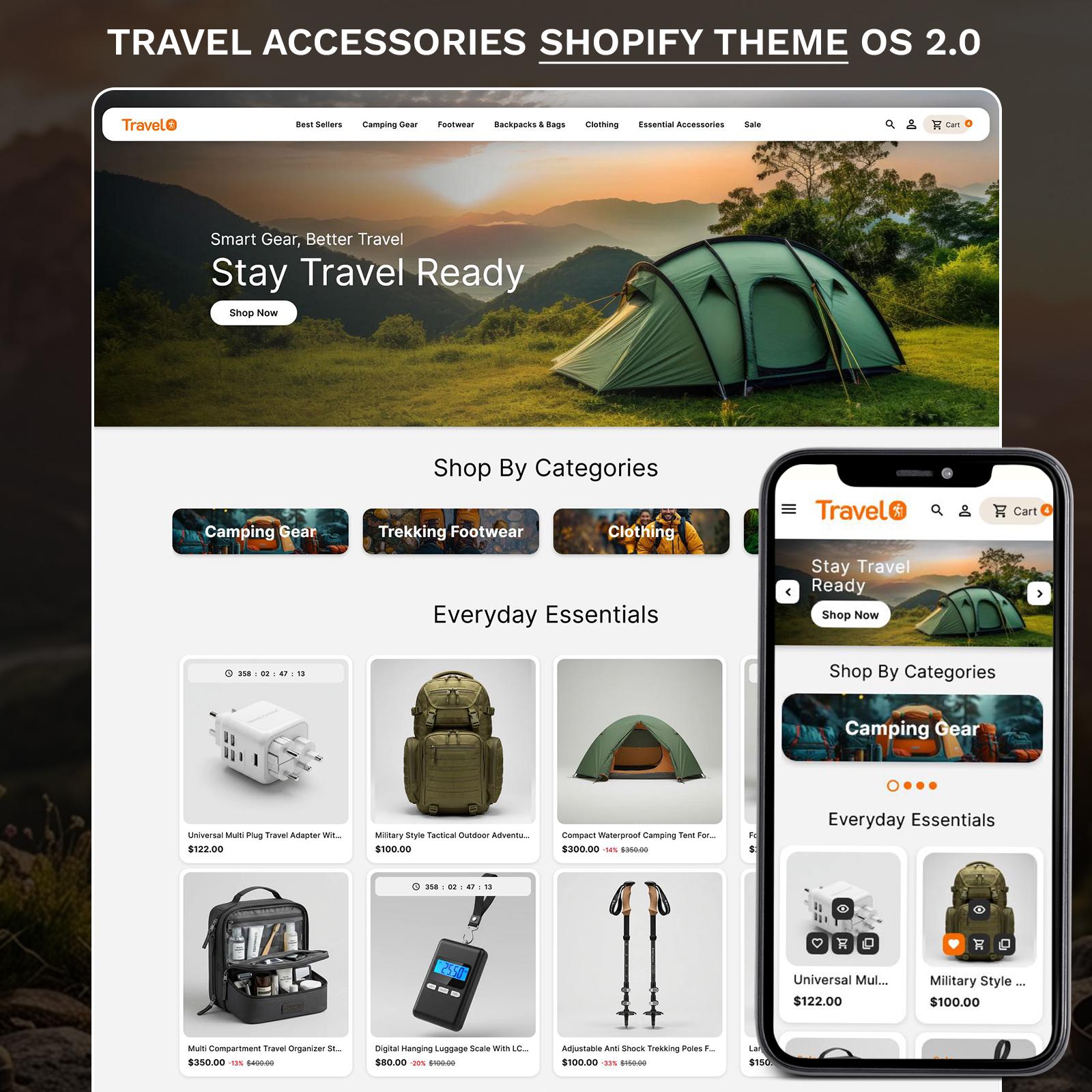 Travel Shopify Theme, Travel Accessories Store Template, Camping Gear Shopify Theme, Outdoor eCommerce Website, OS 2.0
