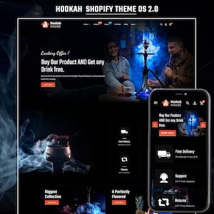 Peut inclure: Conception de site web pour une boutique de narguilés, avec un thème sombre et des vues ordinateur et mobile. Le design comprend des images de personnes utilisant des narguilés, des présentations de produits et des offres promotionnelles. Le texte indique "Hookah House" et "Buy Our Product AND Get any Drink free."