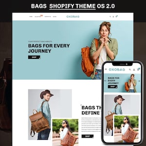 May include: A website design for a bag shop, featuring a light blue background with the text "BAGS FOR EVERY JOURNEY". The website showcases various leather backpacks and bags. A smartphone displays the website's mobile version.