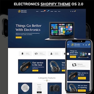 Può includere: Un design di sito web per un negozio di elettronica, visualizzato su un laptop e uno smartphone. Il sito presenta uno sfondo blu scuro con testo bianco e immagini di prodotti, tra cui cuffie e altoparlanti.