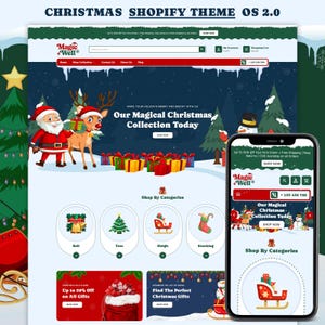 May include: A website design for a Christmas Shopify theme. The design features a festive illustration with Santa Claus, a reindeer, and a snowman. The website includes a mobile phone mockup showcasing the theme's responsive design.