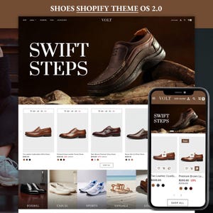Puede incluir: Diseño de sitio web para una zapatería, con un zapato de cuero marrón y el texto "SWIFT STEPS". El sitio web muestra varios estilos de zapatos, incluyendo formales, casuales, deportivos y sandalias.