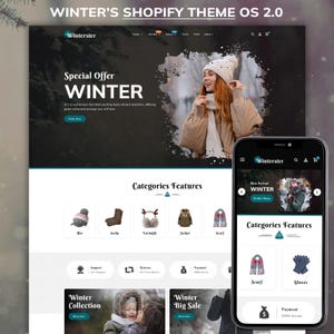 May include: A digital interface design for a Shopify theme titled Winterster, displaying a website layout on a desktop screen and a mobile phone. The design features a winter-themed hero section, product categories including hats, socks, earmuffs, jackets, and scarves, and navigation menus with icons for support, returns, and payment options.