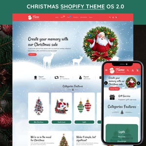 May include: A website design for a Christmas sale, featuring a desktop and mobile view. The design includes a Santa Claus graphic, Christmas tree ornaments, and the text "Create your memory with our Christmas sale."
