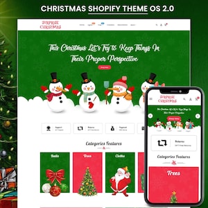 May include: A Shopify website theme layout titled Surprise Christmas featuring a green background with white snowflakes, four snowmen, and a mobile phone display showing the same interface with categories for balls, trees, and cloths.