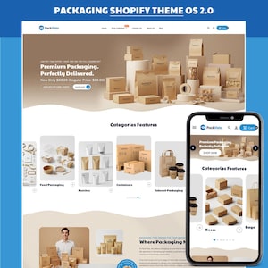 Peut inclure: Maquette de site web présentant diverses options d'emballage, notamment des boîtes, des sacs et des conteneurs. Le site affiche le texte "Premium Packaging. Perfectly Delivered." Un téléphone portable affiche la conception du site web. Le thème est pour une boutique Shopify.