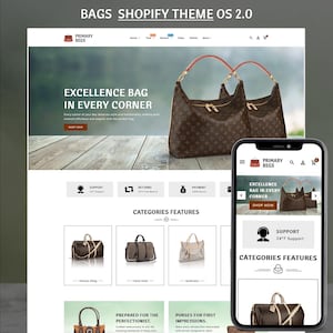 May include: A website design for a bag shop, featuring a brown handbag with gold hardware. The website's header includes the text "PRIMARY BAGS". The website also has a mobile phone mockup displaying the same bag and text "EXCELLENCE BAG IN EVERY CORNER".