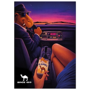Vintage Camel sigarettenreclameposter - Retro jaren 80 tabaksreclame muurdecoratie - Vintage rookposter in Joe Camel-stijl - Decoratie voor mancave of bar