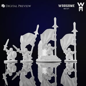 May include: White miniature figurines of fantasy characters, including warriors with swords and figures holding flags. The figures are on a reflective surface. The text "DIGITAL PREVIEW" and "WARGAME NEST" are visible.