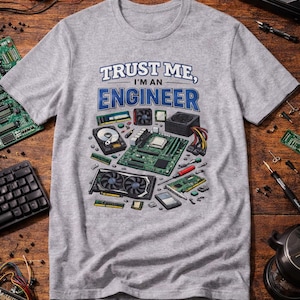 May include: A heather gray short-sleeve t-shirt featuring a graphic print with the text "TRUST ME, I'M AN ENGINEER" in blue and white. The illustration displays various computer hardware components including a motherboard, GPU, and hard drive.