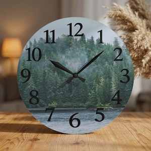 Forest Smooth Acrylic Wall Clock | Nature Wall Decor | Misty Pine Tree Clock | Rustic Cabin Wall Art | Woodland Acrylic Clock