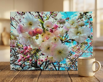 Tabla de cortar de vidrio con diseño floral de flores de cerezo, decoración de cocina con flores rosas y blancas, tabla de cortar botánica, regalo para mamá.