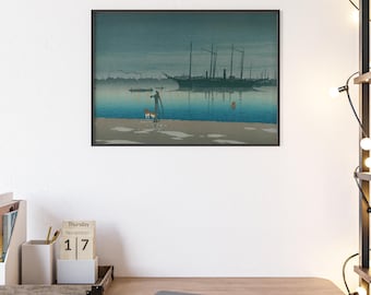 Póster enmarcado Noche en el puerto, Arte mural de la costa japonesa, Impresión en azul melancólico