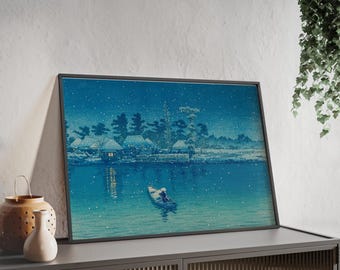 Poster incorniciato "Notte di neve", arte murale giapponese con fiume invernale, stampa in stile Ukiyo-e