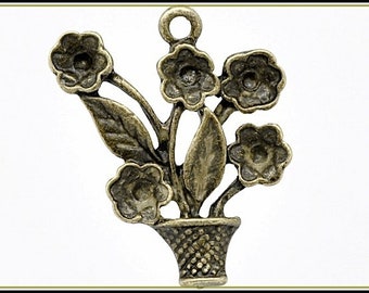 6 x Pendentif Pot de Fleurs bronze antique - C14