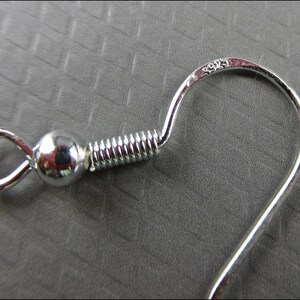 May include: Silver earring hook with a spring coil and a ball at the top. The hook is marked with "925" indicating it is made of sterling silver.