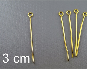 40 or 100 x Eye Pins 30 mm gold plated - S34