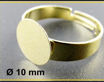 10 x Ring Rohling golden mit großer Klebeplatte, randlos 10 mm Durchmesser RZ15