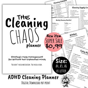 Op de afbeelding: ADHD schoonmaakplanner met de tekst "The Cleaning Chaos Planner" in grote zwarte letters. Bevat schoonmaakschema's, checklists en een "Super Sale" sticker. Verkrijgbaar in A4, A5, A6 en US Letter formaten.