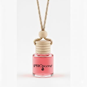 Op de afbeelding: Een heldere glazen auto-luchtverfrisserfles gevuld met roze vloeistof, met een houten dop en een beige touw om op te hangen. De fles heeft het woord "PROscent" in zwarte letters.
