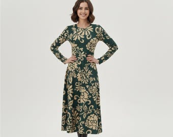 Custom All Over Print Midi Dress with Pockets, Long Sleeve Flared Dress
