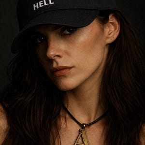 Può includere: Un cappellino da baseball nero con la scritta "OUT OF HELL" ricamata in bianco. Un ciondolo a forma di lettera "A" color oro è appeso a una collana con cordino nero. Ritratto in primo piano.