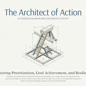 Könnte beinhalten: Illustration einer komplexen Struktur mit dem Text "The Architect of Action" und "A Unified Framework for Productivity". Das Bild enthält auch den Text "Mastering Prioritization, Goal Achievement, and Resilience."