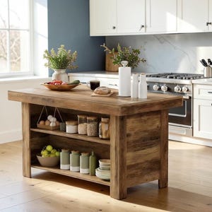 May include: A rectangular wooden kitchen island with a thick countertop and two open shelves. The shelves hold various glass jars, a bowl of green apples, a wire egg basket, and stacked ceramic bowls. The island has a rustic brown finish.