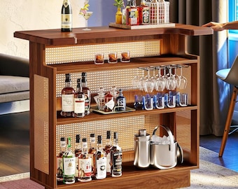 Farmhouse Bar Cabinet Rattan Home Bar Wine Storage