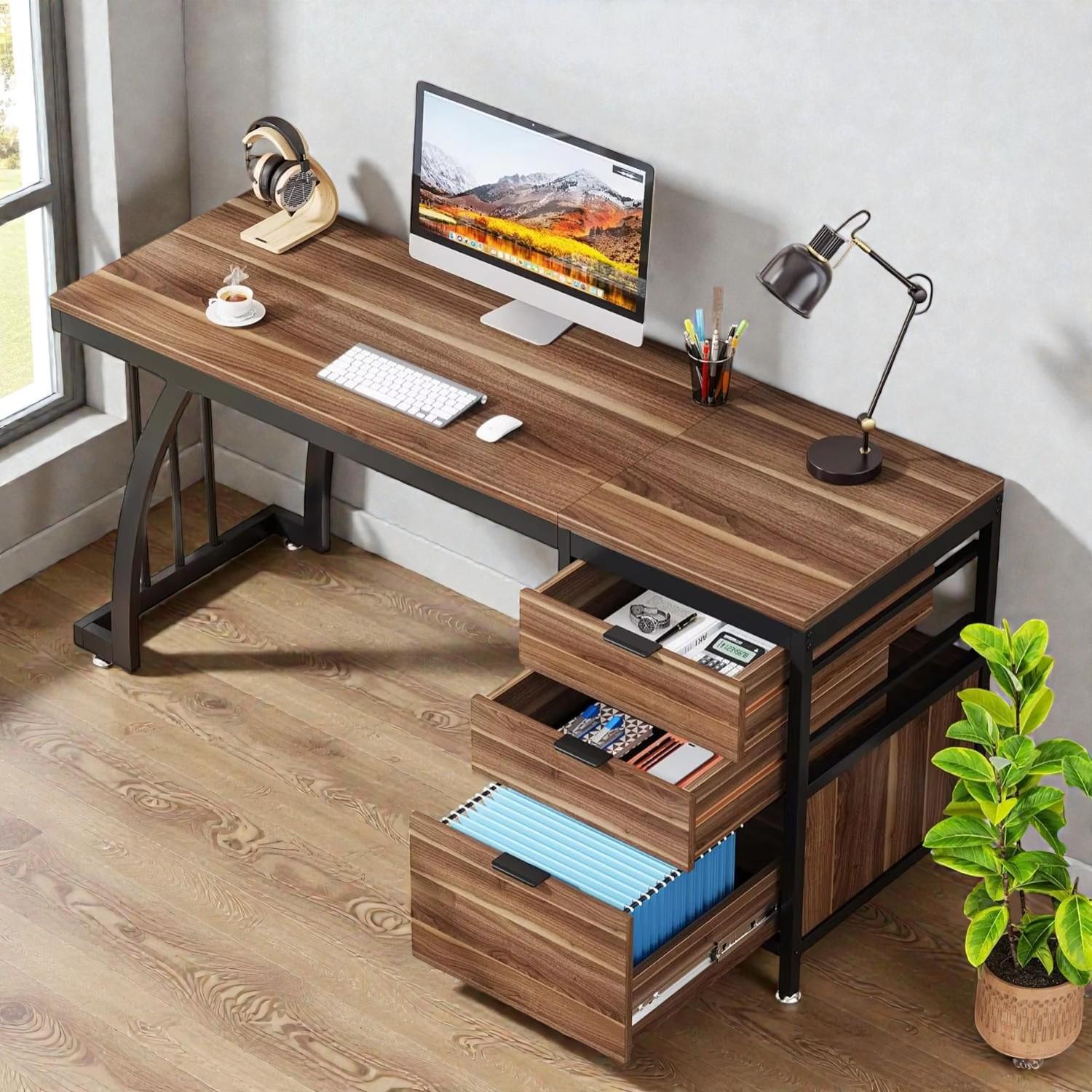 Multi Drawer Computer Desk Modern Industrial Computer Desk With 3 Drawers, File Storage ...