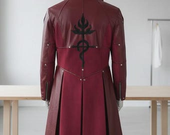Edward Elric Inspired Red Hooded Long Leather Coat | Fullmetal Alchemist Anime Cosplay Trench
