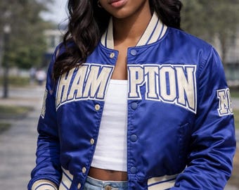 Handmade Hampton University Cropped Satin Varsity Jacket HU Blue Women HBCU Letterman Gift