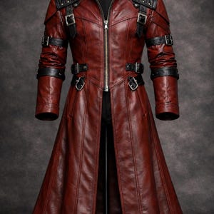 May include: A burgundy leather coat with black detailing, including a high collar, a front zip, and several buckles. The long coat has a tailored fit and is displayed on a mannequin. The coat's design includes shoulder details and long sleeves.