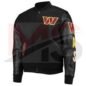 May include: Black varsity jacket with maroon and gold accents. Features a large "W" logo on the chest and "W" and "COMMANDERS" lettering on the sleeves. Ribbed cuffs and hem complete the design.