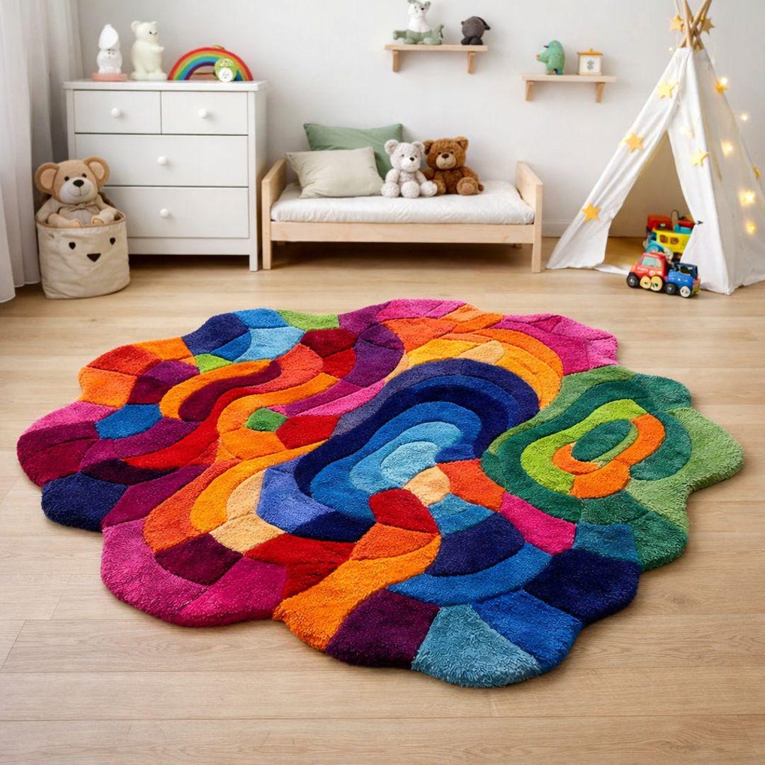 Handmade Wool Abstract Tufted Rug, Colorful Irregular Shape Art Carpet ...