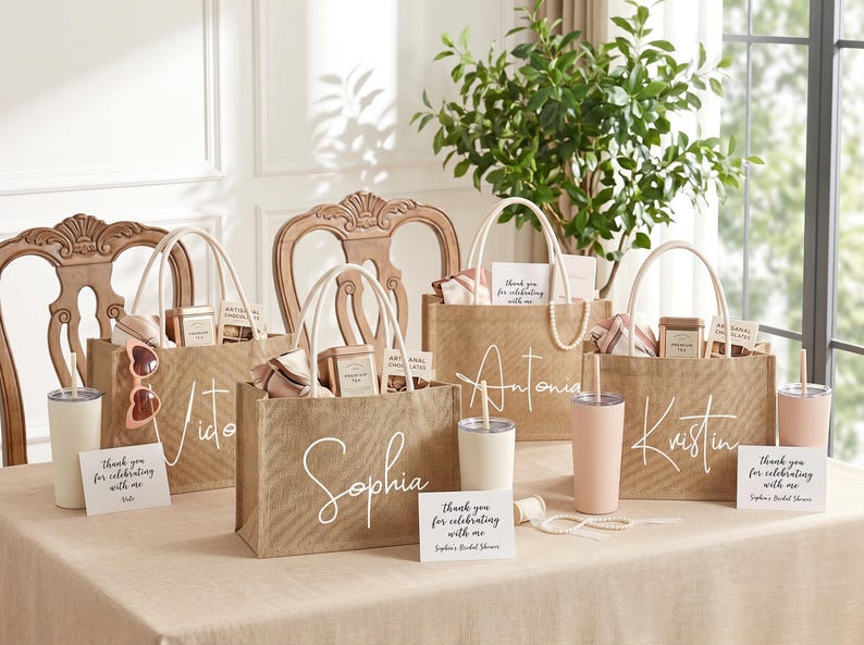 May include: Several burlap tote bags with white handles are arranged on a table. Each bag is personalized with a name in white script. The bags contain gifts, and are accompanied by matching tumblers and cards that read "Thank you for celebrating with me."