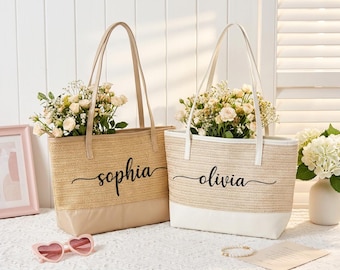 Borsa tote in paglia personalizzata con cerniera, borsa da spiaggia per damigella d'onore, regalo per la festa di nozze.