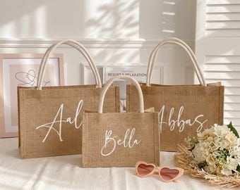 Personalized Jute Burlap Tote Bag: Bridesmaid, Wedding, Bachelorette Party Favors