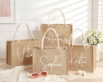 Personalized Jute Burlap Tote Bag: Bridesmaid, Wedding, Bachelorette Party Favors