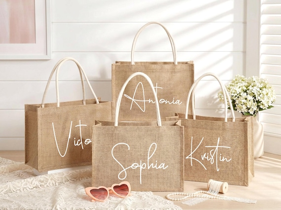Personalized Jute Burlap Tote Bag: Bridesmaid, Wedding, Bachelorette Party Favors