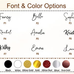 May include: Image displaying font and color options. Nine font styles are shown, each with a name and a corresponding number. Below the fonts are color options: black, white, glitter gold, gold, glitter red, silver, and rose gold.